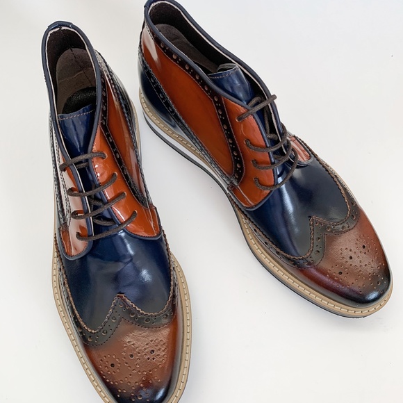 Brown-Navy Blue Derby Leather Half Boot - Picture 4 of 11